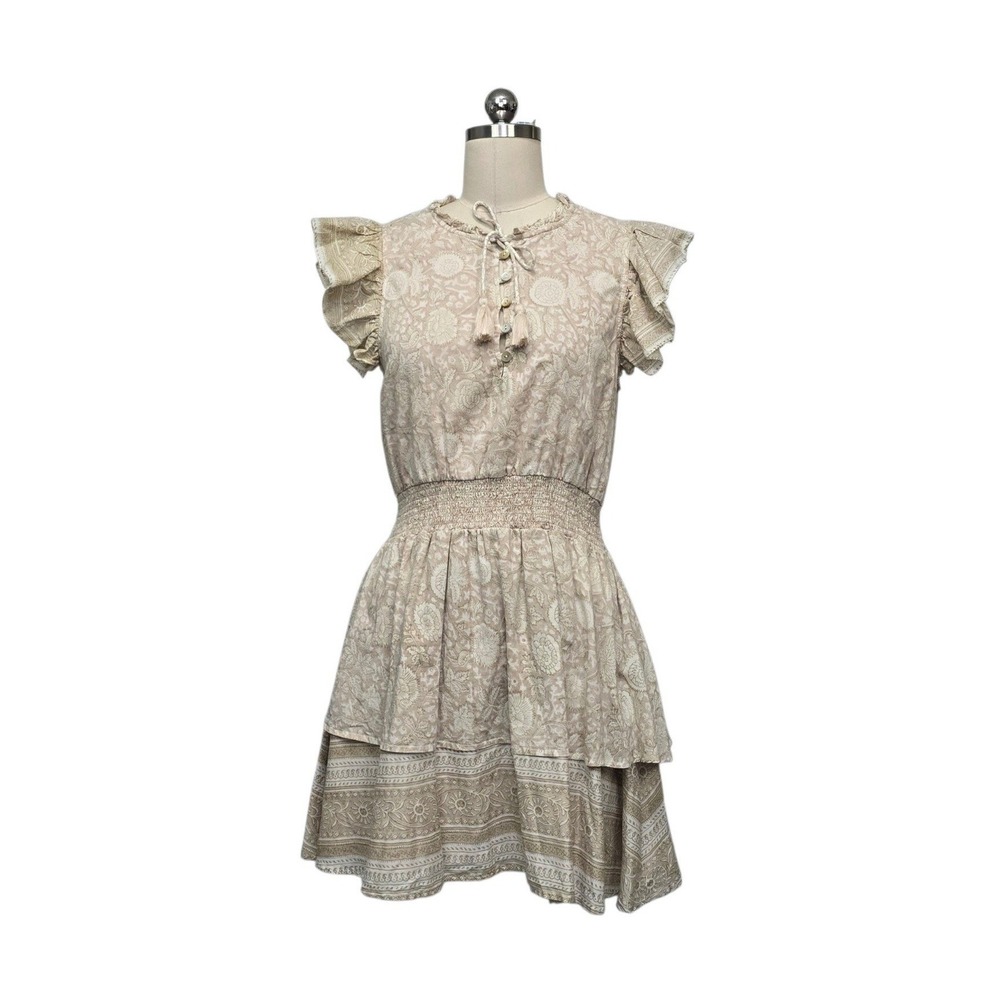 Cleobella Organic Cotton Floral Mini Dress Tan Ruffle Sleeve Smocked Waist Small